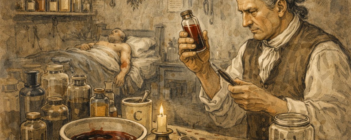 Colonial-era doctor using early medical tools associated with bloodletting and apothecary care in St. Augustine