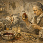 Colonial-era doctor using early medical tools associated with bloodletting and apothecary care in St. Augustine