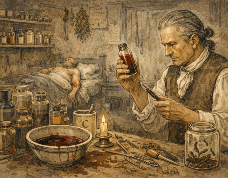 Colonial-era doctor using early medical tools associated with bloodletting and apothecary care in St. Augustine
