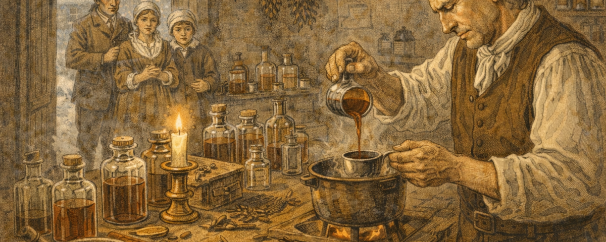 Colonial apothecary preparing a tonic as part of preventive health care in St. Augustine
