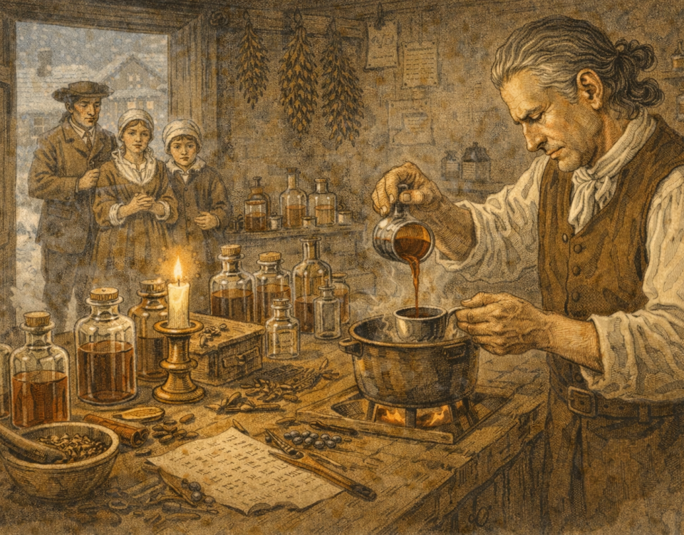 Colonial apothecary preparing a tonic as part of preventive health care in St. Augustine