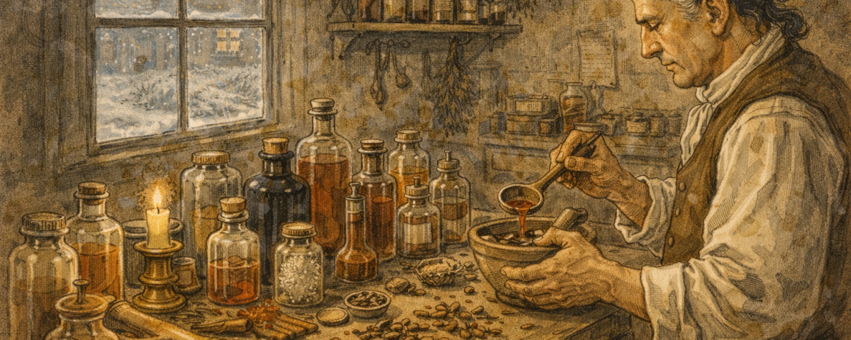 Colonial apothecary preparing winter remedies with spices and tinctures in St. Augustine