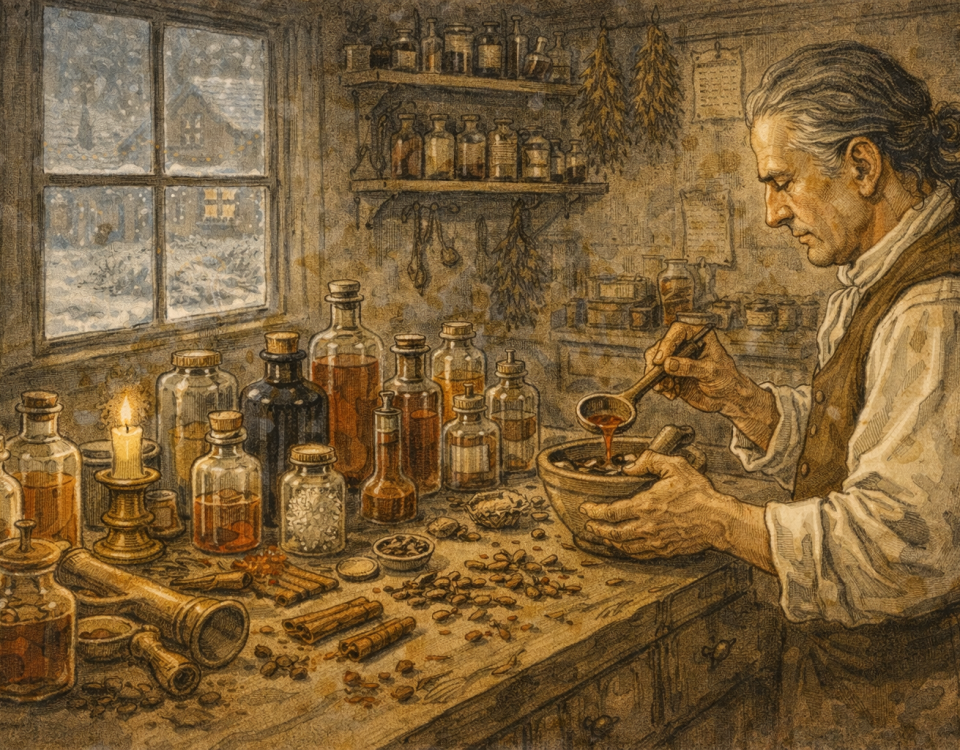Colonial apothecary preparing winter remedies with spices and tinctures in St. Augustine