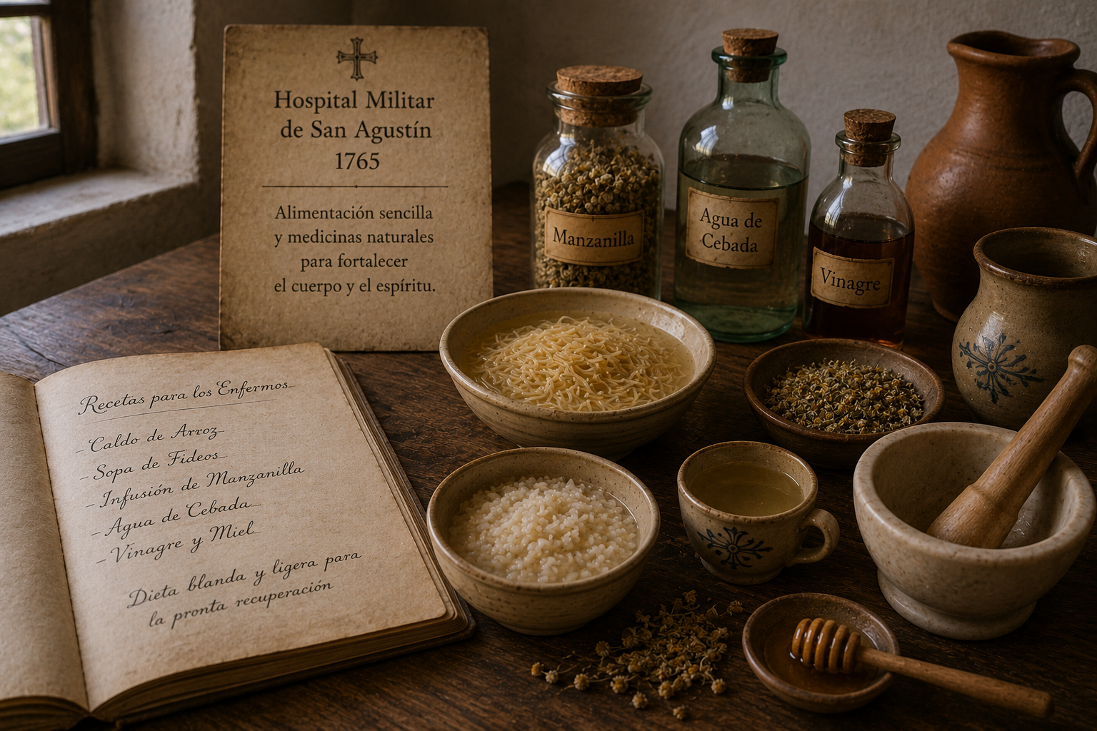 Colonial-era apothecary table with rice, vermicelli, herbal remedies, and handwritten medical diet notes inside the Spanish Military Hospital