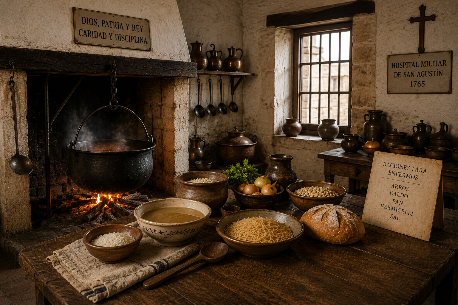 Colonial-era kitchen inside the Spanish Military Hospital showing a large iron cooking pot, hearth, and simple ingredients prepared for patient meals