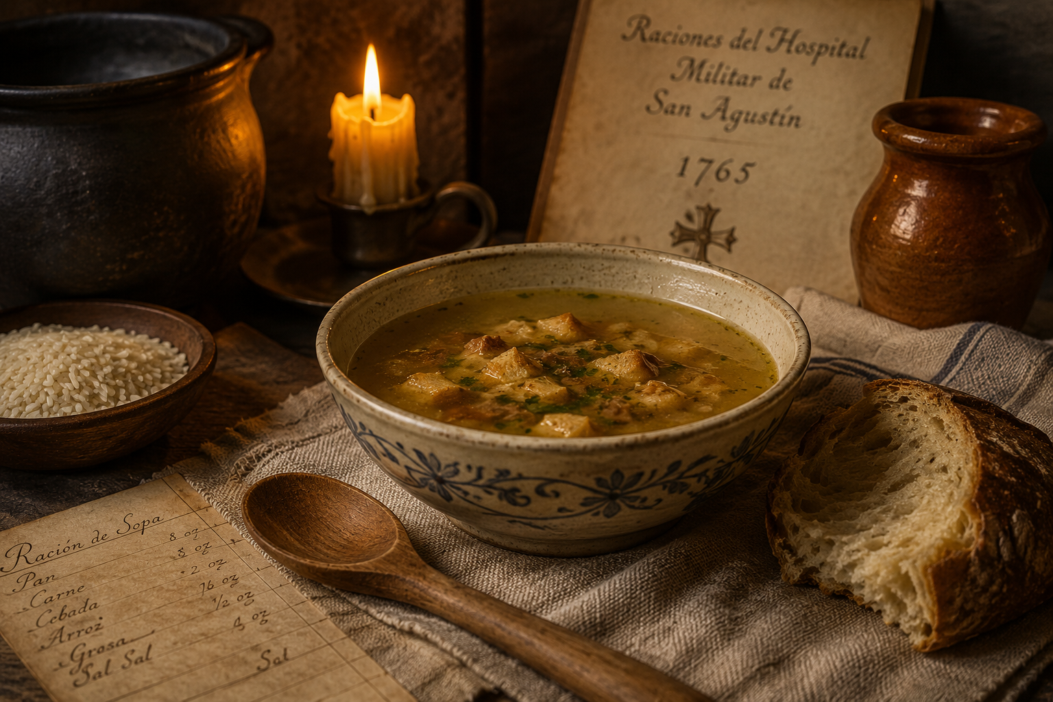 Colonial-era soup bowl with bread, rice, and candlelight representing recovery foods at the Spanish Military Hospital Museum