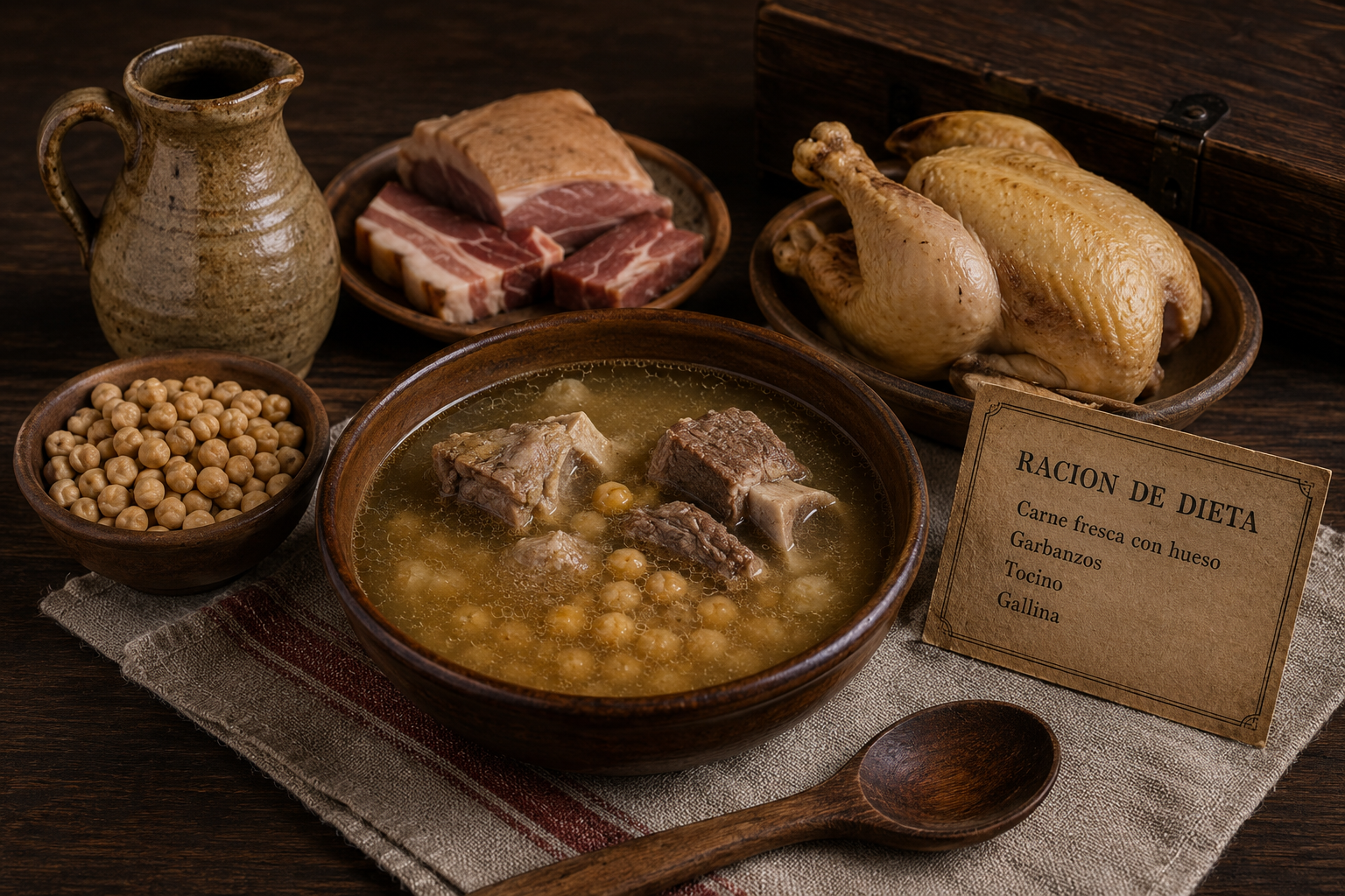 Diet ration ingredients including beef, chickpeas, bacon, hen, and broth at the Spanish Military Hospital