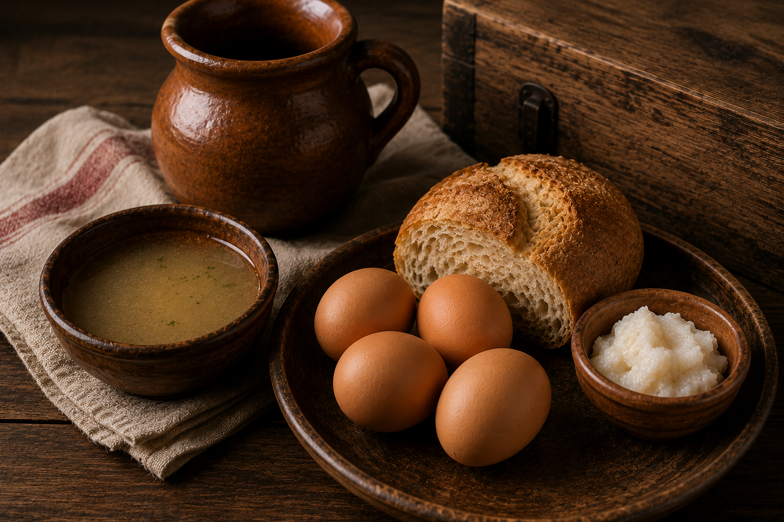 Egg ration ingredients including eggs, bread, broth, and lard at the Spanish Military Hospital