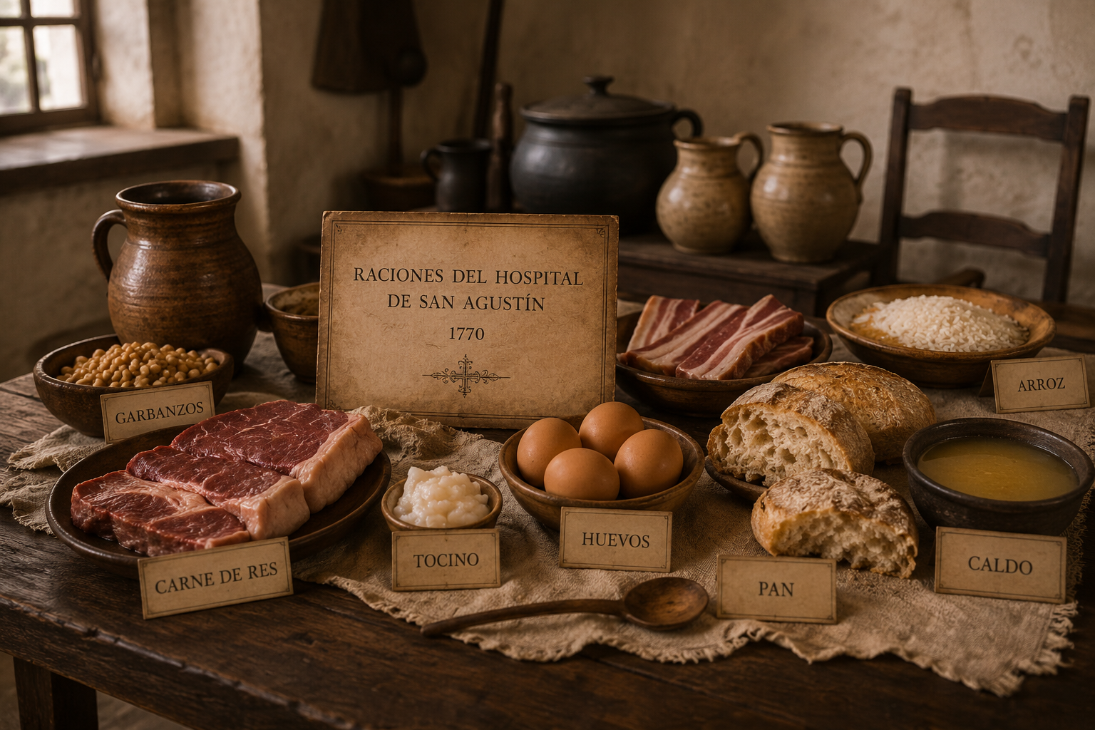 Archival-style display of colonial hospital ration ingredients including bread, rice, eggs, broth, beef, bacon, and chickpeas at the Spanish Military Hospital