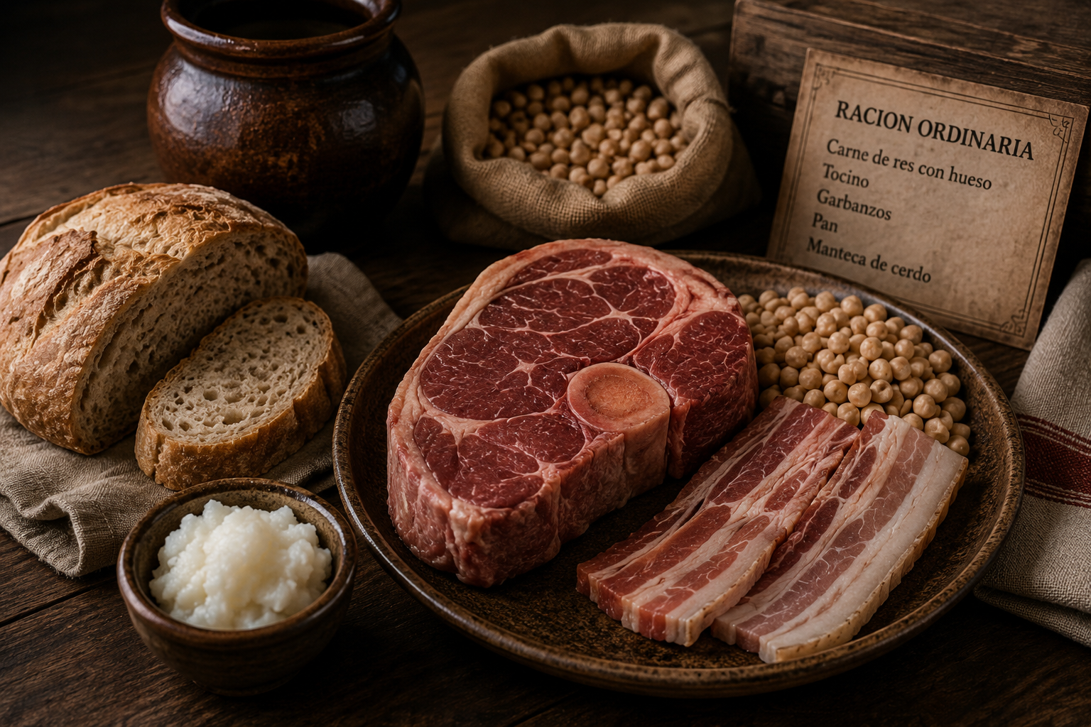 Ordinary ration ingredients including beef, bread, chickpeas, bacon, and lard at the Spanish Military Hospital