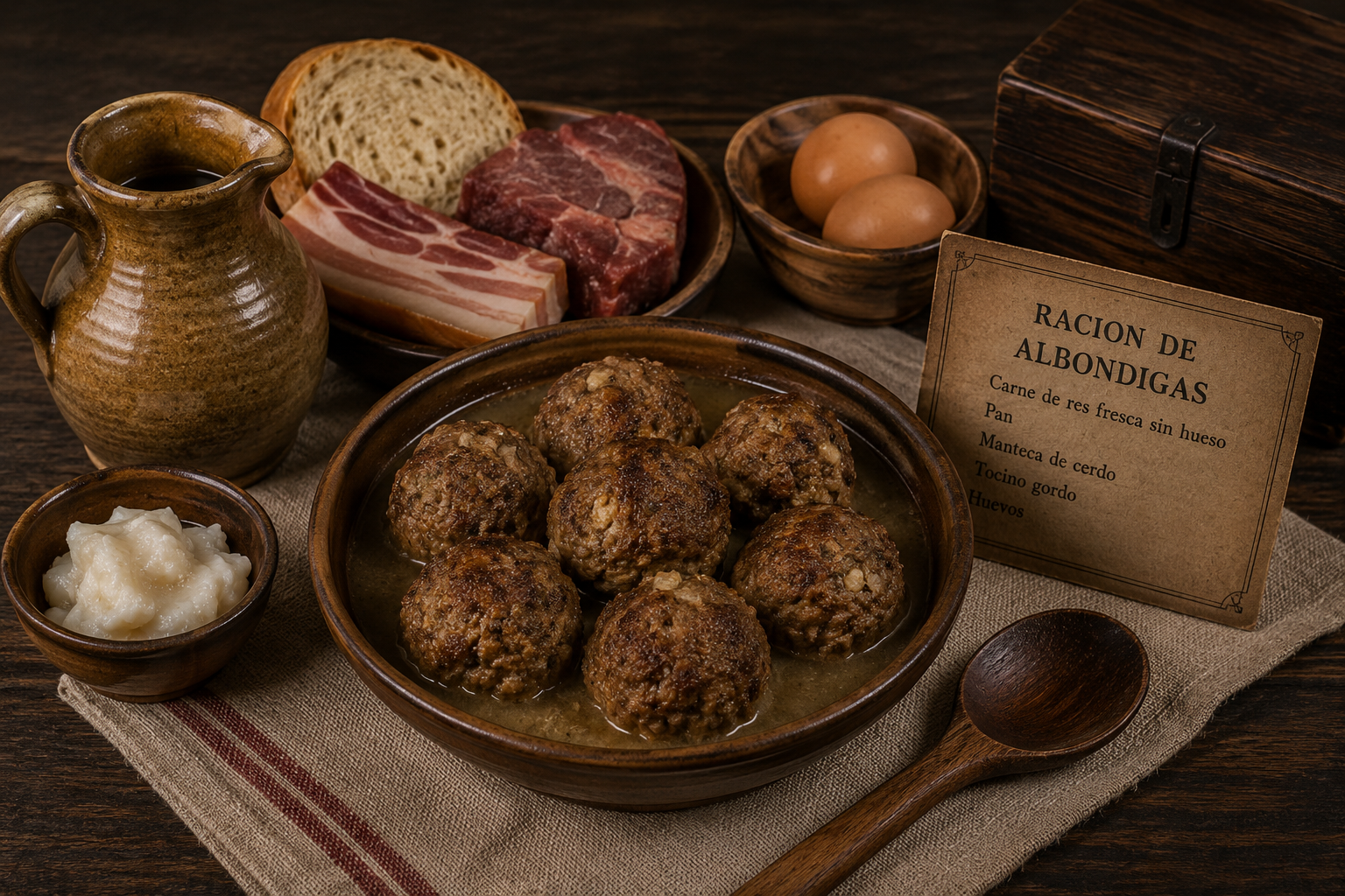 Meatball ration with beef, bread, bacon, eggs, and lard at the Spanish Military Hospital