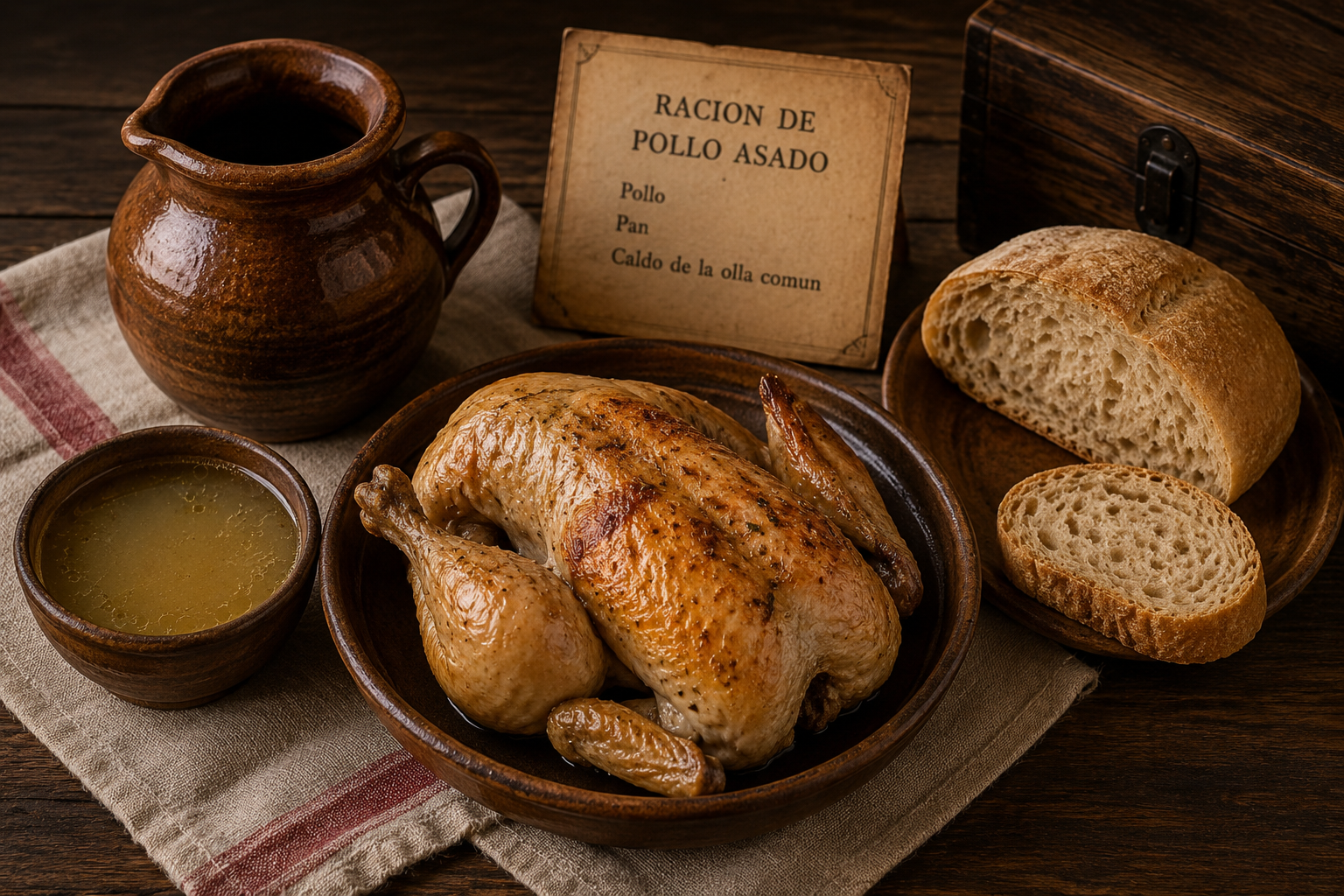 Roast chicken ration with bread and broth at the Spanish Military Hospital