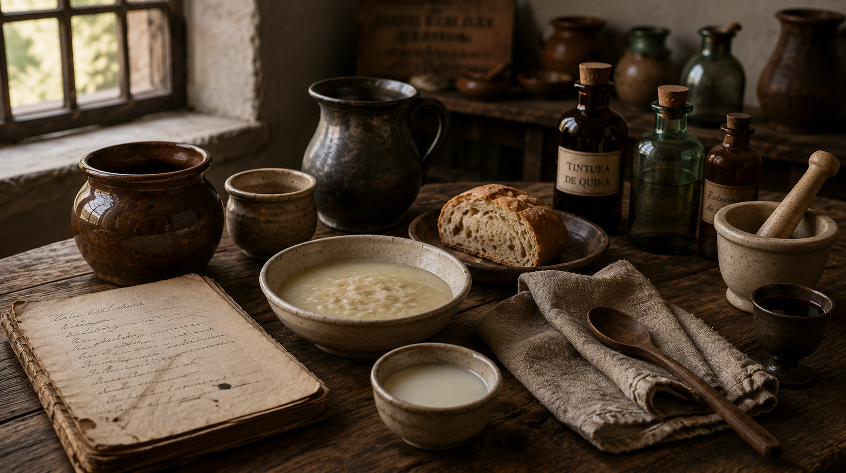 Colonial-era medical diet table with broth, bread, milk, and apothecary bottles inside the Spanish Military Hospital