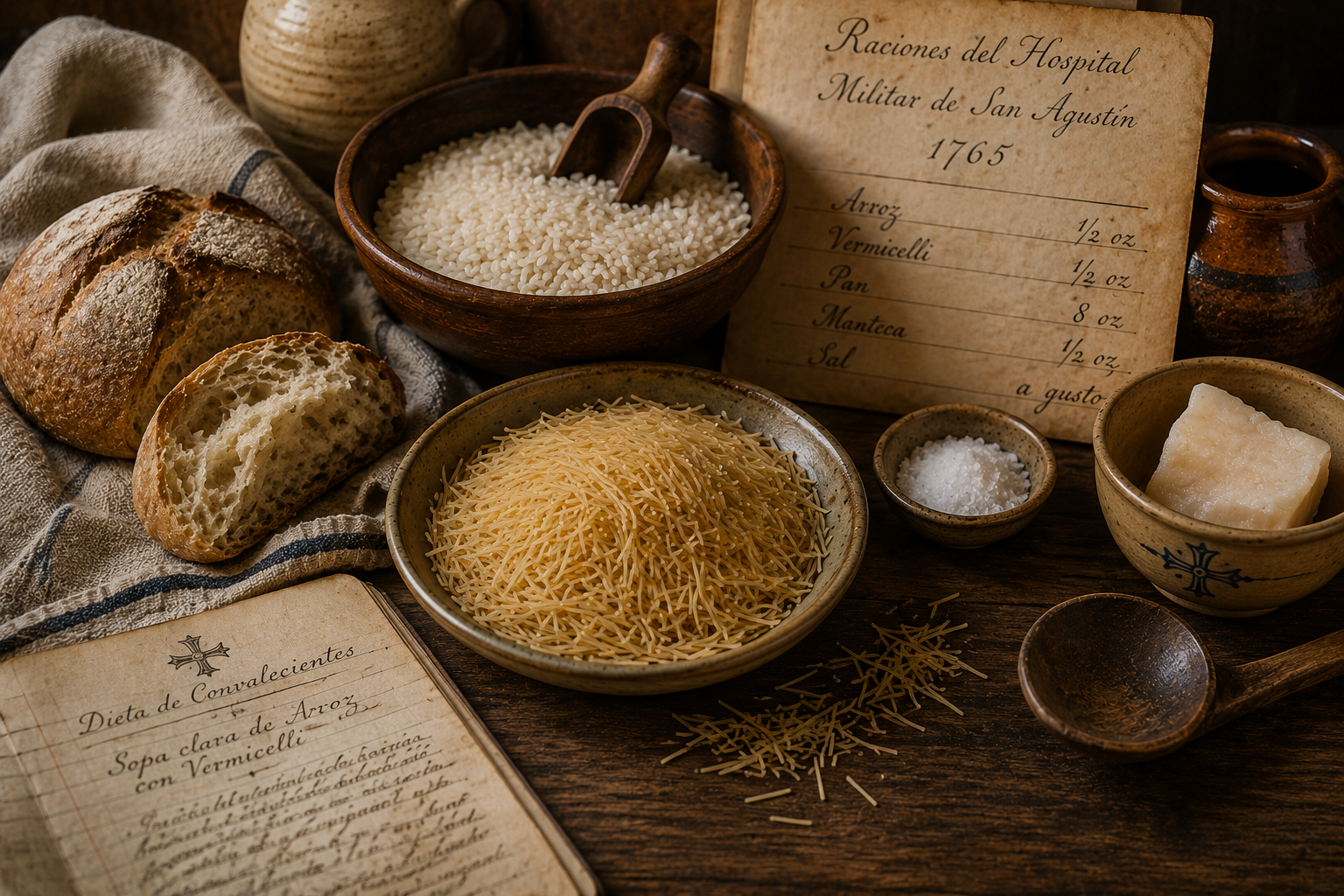 Colonial-era soup bowl with bread, rice, and candlelight representing recovery foods at the Spanish Military Hospital Museum