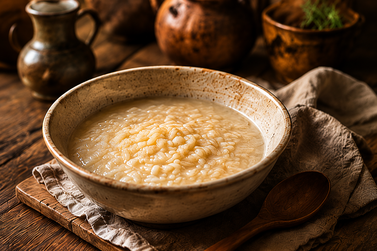Bowl of rice porridge served as a gentle recovery food in the Spanish Military Hospital