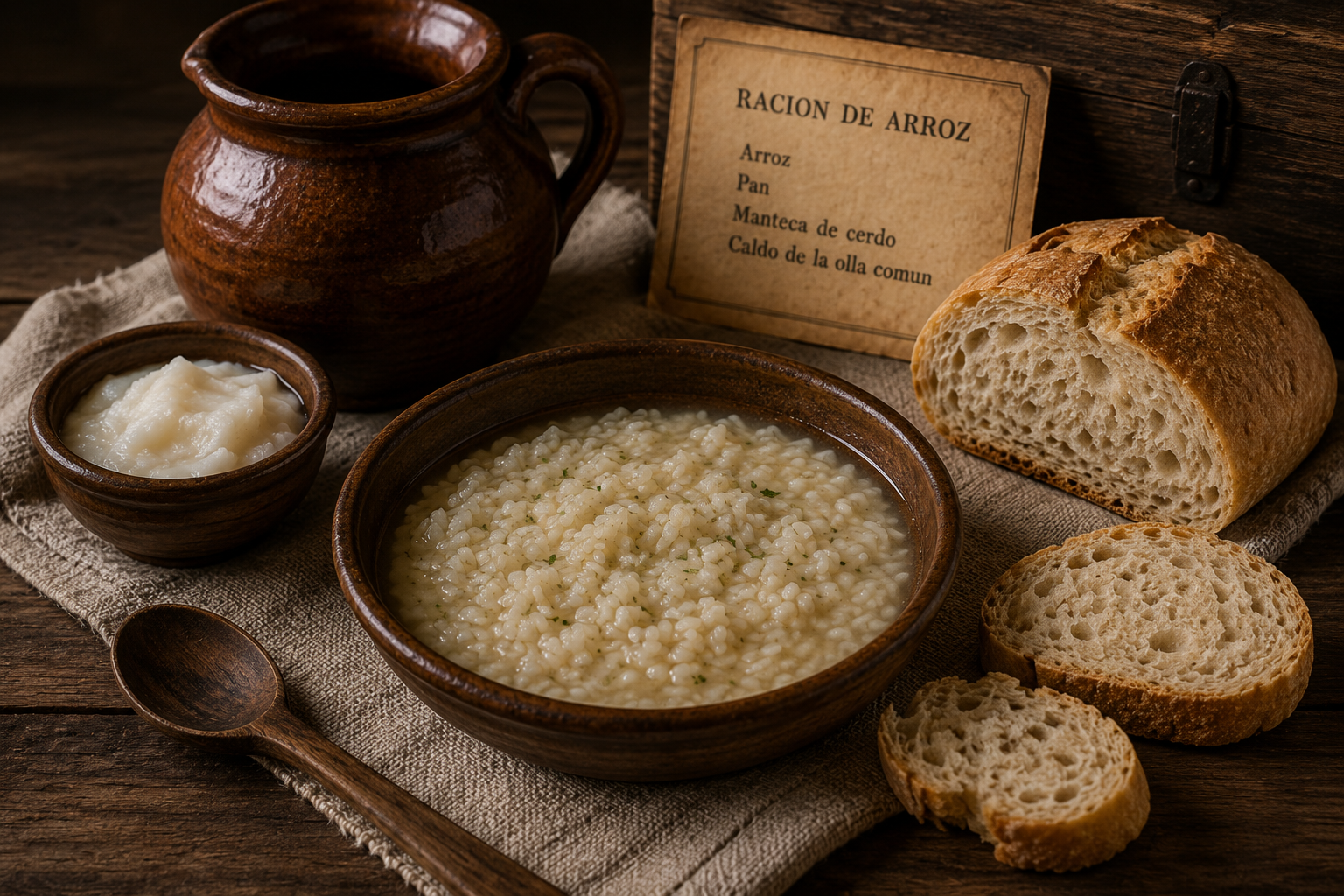 Rice ration ingredients including cooked rice, bread, broth, and lard at the Spanish Military Hospital