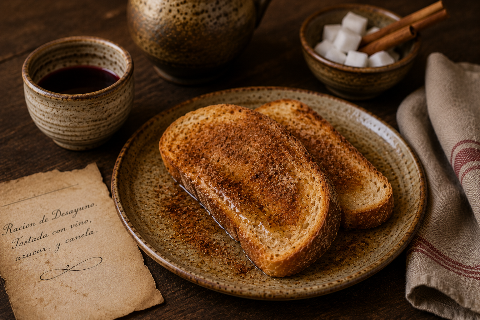 Toast with wine, sugar, and cinnamon prepared as a hospital breakfast ration