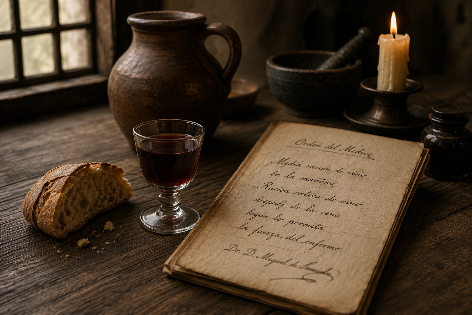 Small cup of wine with bread and handwritten physician notes representing colonial hospital wine rations